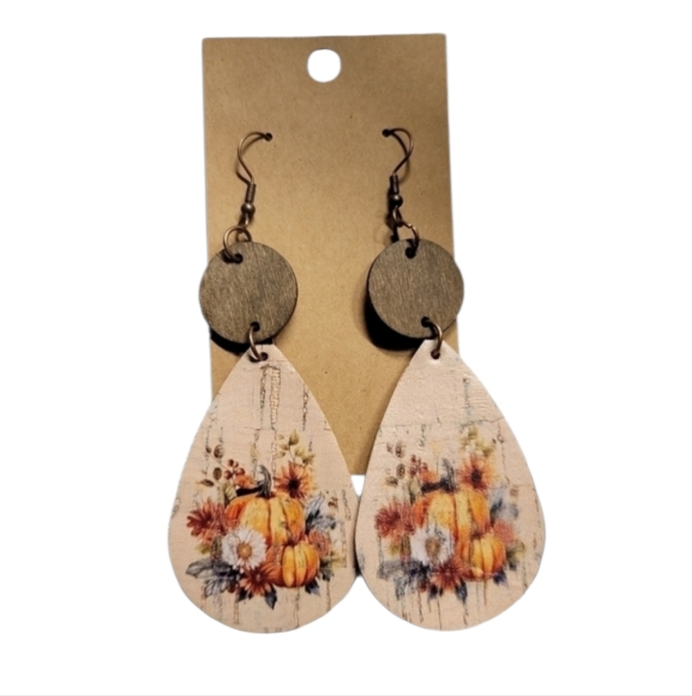 Wood and faux leather double sided fall pumpkin and flower earrings